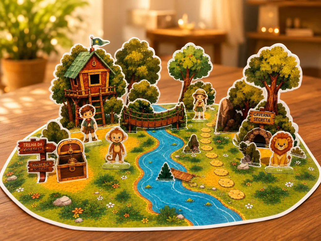 Mini Mundo da Floresta montado — casa na árvore, ponte, caverna secreta e personagens